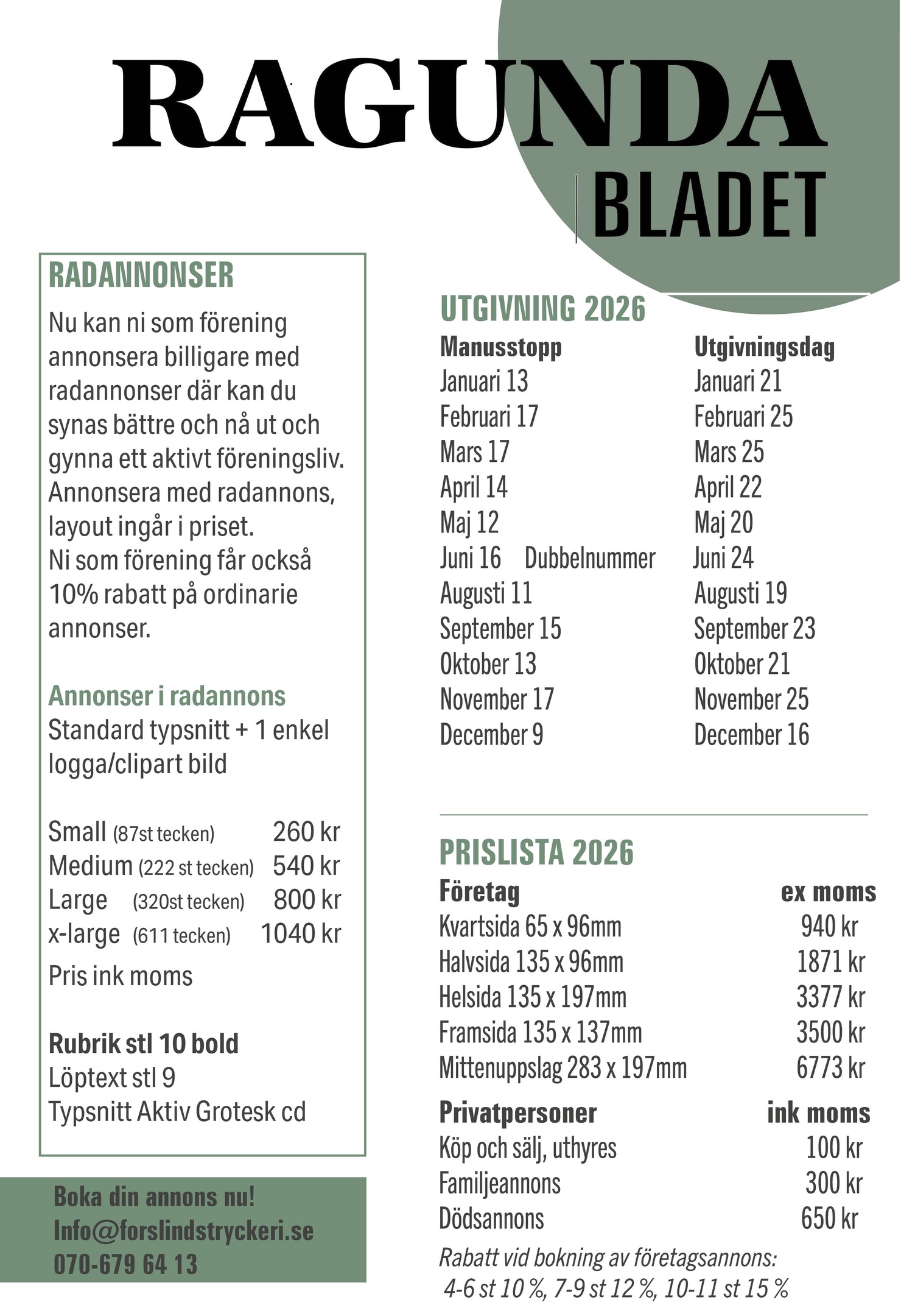 Utgivningsplan Ragundabladet 2026